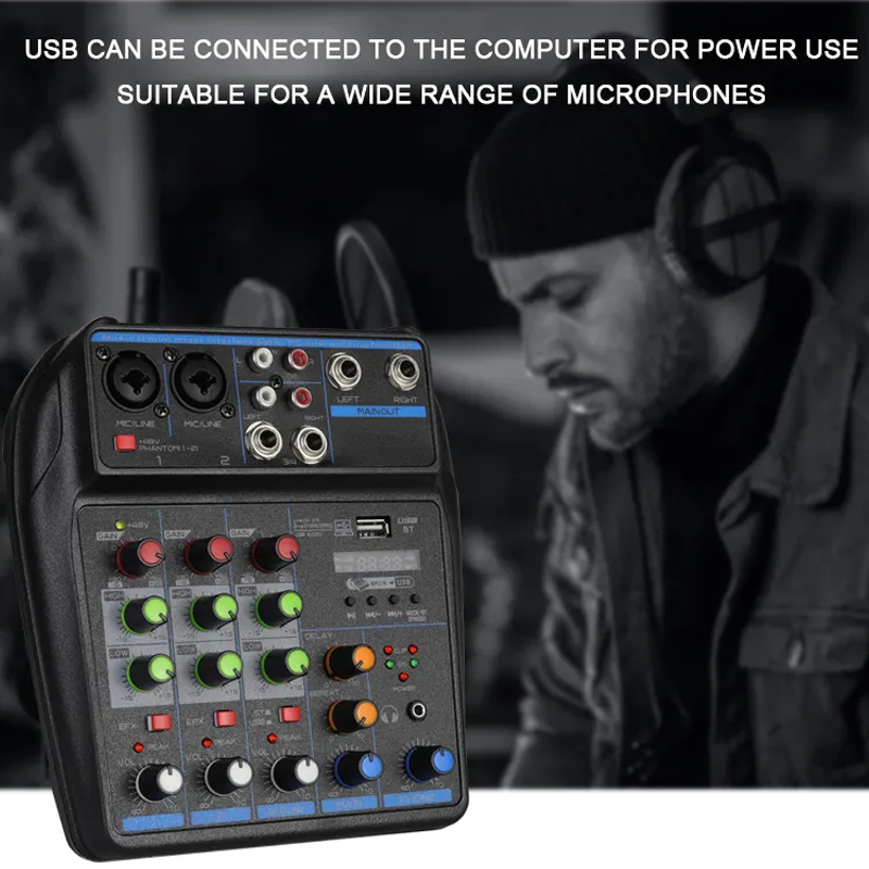 4-kanaals Mixer Dj Mixing Console Met Bluetooth 48V Phantom Power Monitor Karaoke Systeem Usb Mixer Audio