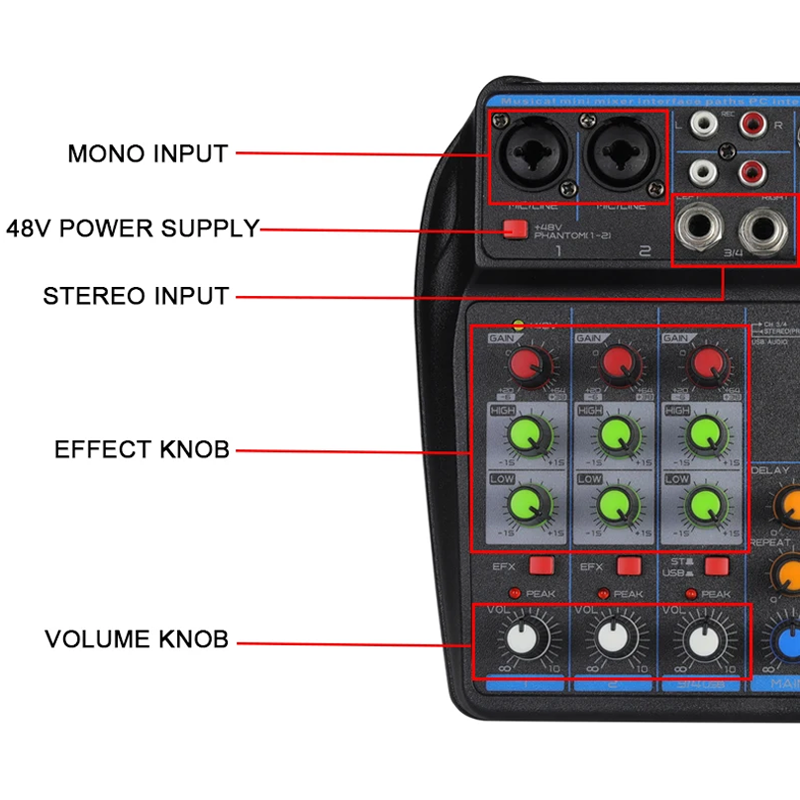4-kanaals Mixer Dj Mixing Console Met Bluetooth 48V Phantom Power Monitor Karaoke Systeem Usb Mixer Audio