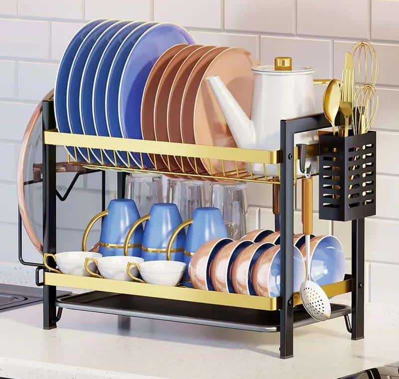 Dish rack 2 layer advanced new model with golden ALL WHAT YOU NEED! Drainer that holds cutlery, utensils, glasses and up to 17 plates