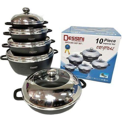 COOKWARE SET. Dessini 10 Pcs Non-Stick Cooking & Serving Pots & Pans Each pot and pan is made of top quality cast thick aluminum with a durable non-stick coating