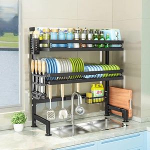 DISH RACK. Double layer over the sink dish rack , High quality stainless steel inner, environmental piano paint outer; Easy to assemble and very sturdy and durable to hold weight of dishes