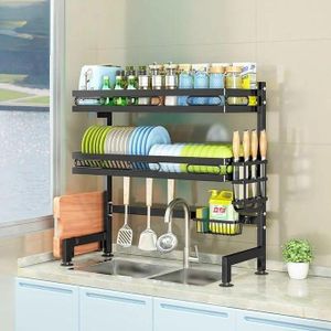 DISH RACK. Double layer over the sink dish rack , High quality stainless steel inner, environmental piano paint outer; Easy to assemble and very sturdy and durable to hold weight of dishes