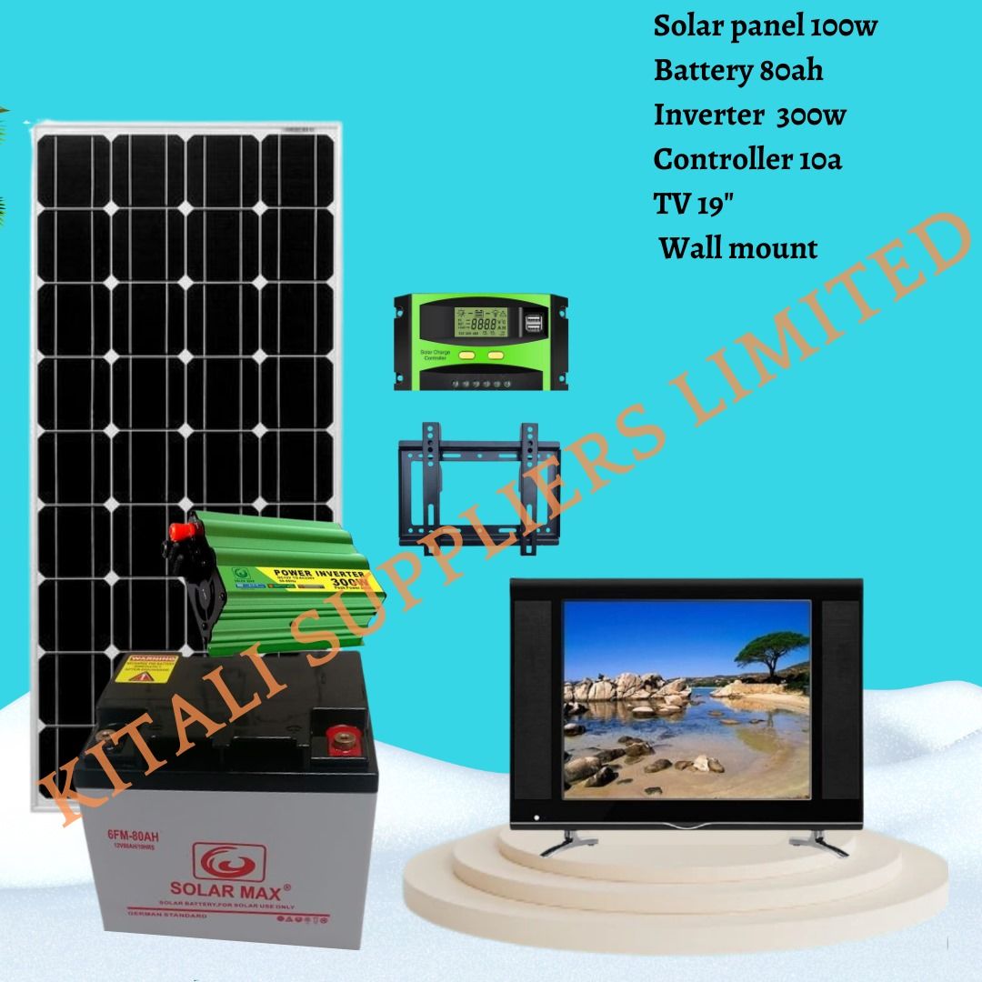 100w solar panel ,80ah battery ,19 inch tv ,10amp controller and 300w inverter