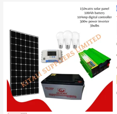 Solar Fullkit System 150W – 100Ah Battery + 300W Inverter + Controller + 3 Free Bulbs - an all-in-one solar solution designed for lighting and powering essential appliances.