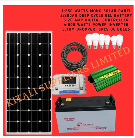 250W Solar Full Kit System | 250W Panel + 200Ah Battery + 600W Inverter + Controller + Cables + 5 Bulbs - Light up your home with the 250W Solar Full Kit System, a complete package.