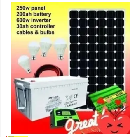 250W Solar Panel Full Kit – 200Ah Battery + 600W Inverter + 30A Controller + 4 Bulbs + 10m Cable - The kit combines high-efficiency solar power, long backup battery storage, and safe power management