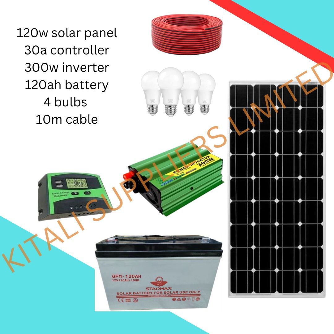 120W Solar Panel Kit – 120Ah Starmax Battery + 300W Inverter + 30A Digital Controller + 4 Bulbs + 10m Cable - Designed for reliability and efficiency, this system provides all the essentials