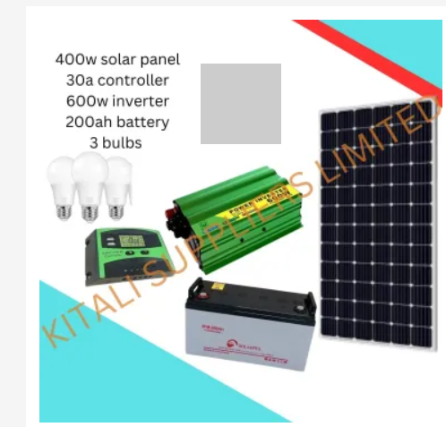 400W Solar Full Kit | 200Ah Battery + 600W Inverter + 30A Controller + 3 LED Bulbs – a complete solar power solution for your home or business.