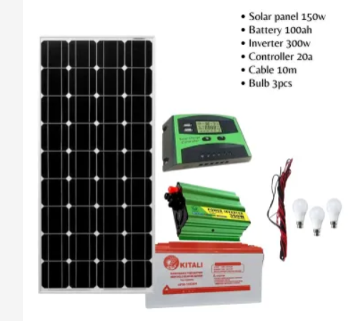 150w solar panel 100ah battery 300w inverter 20amps controller 10m cable 3pc bulbs