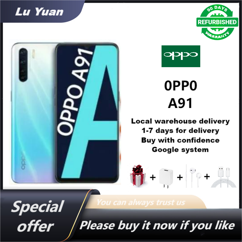 Refurbished Phones OPPO A91 Smartphones 6.4 "FHD AMOLED 128GB+8GB 4000mAh LCD Screen Dual SIM 4G Without Fingerprint Unlock Type-C Charging Rear quad, 48MP (main lens) +2MP+2MP+8MP