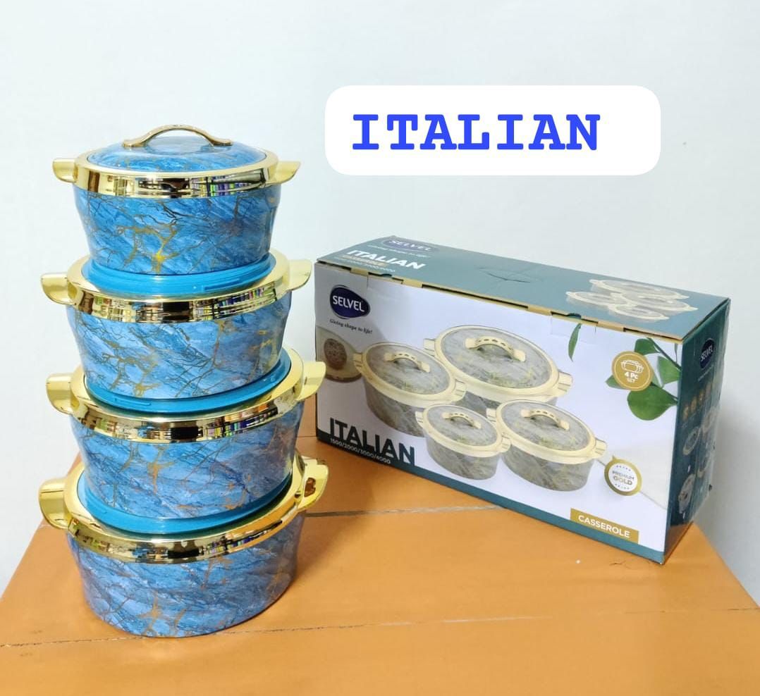 Set of 4 Italian Hotpots his casseroles are odorless, durable, and virtually unbreakable. These hot pots have a fusion of stainless steel and plastic , they come with a high grade stainless steel inte