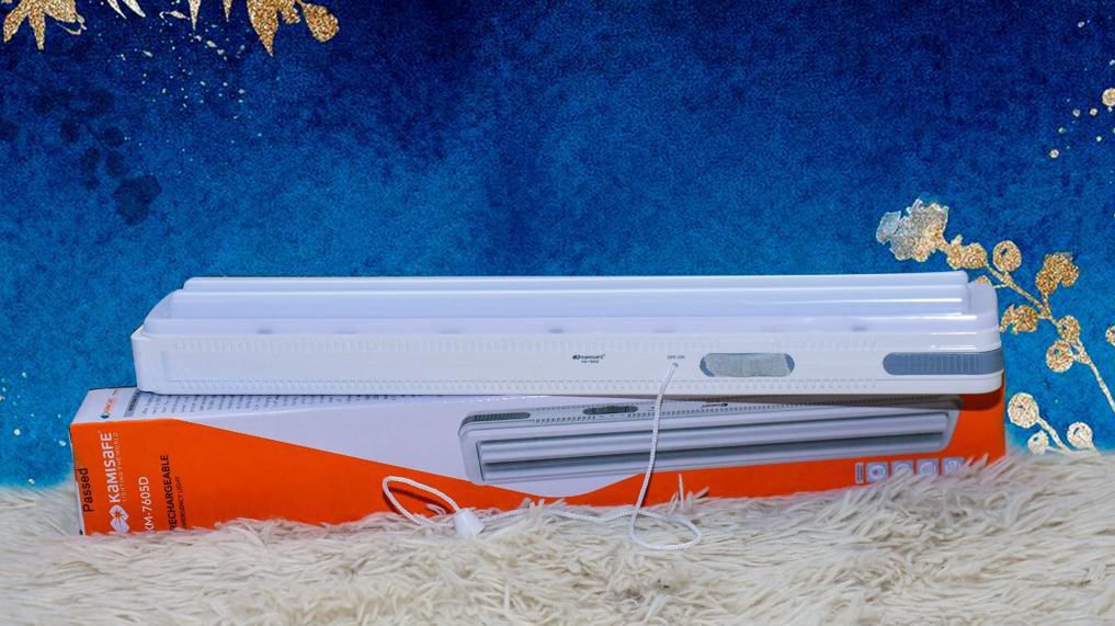 KM-7605D Rechargeable Lamp Rechargeable LED Emergency Lamp Dual LED tube light High and low power setting Rechargeable by mains power (240V) or by solar panel (12v adaptor- not supplied