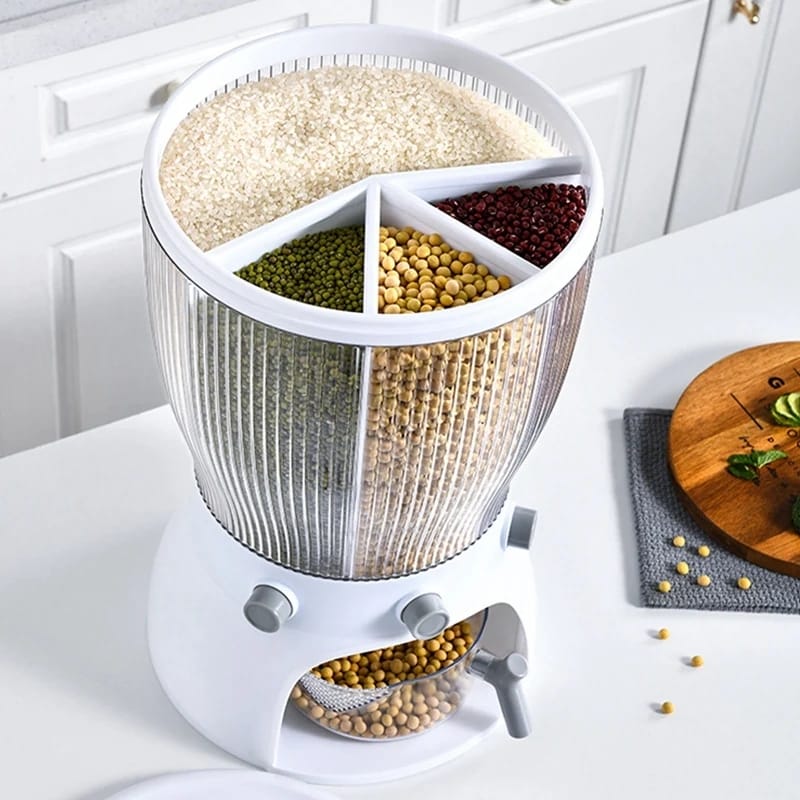 Partitioned rotation cereal dispenser It is a functional, yet aesthetically effective product, resembling a sculpture to add flair in your kitchen Classic transparent shell design allows you to see th