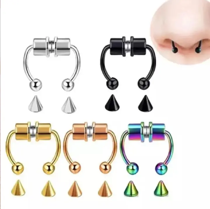 CJ House Women Fake Piercing Nose Ring Hoop Septum Piercing Nose Clip Rock HipHoop Stainless Steel Magnet Fashion Body Jewelry Wholesale