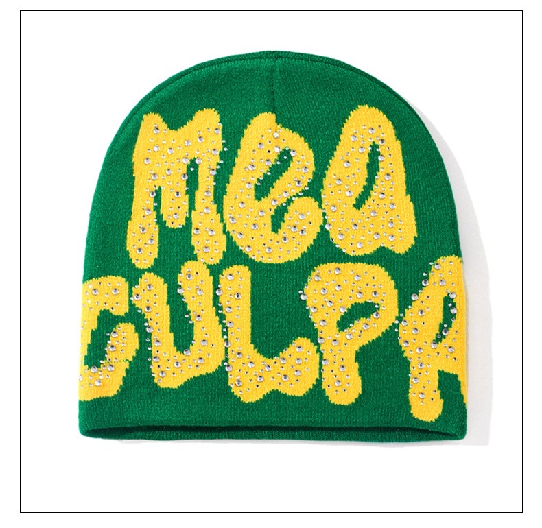 2024 NEW Y2K MEA Culpa Beanies Hat with Rhinestone for Women Men Beanies Hats Hip-hop Soft Stretch Warm Knitted Slouchy Cap