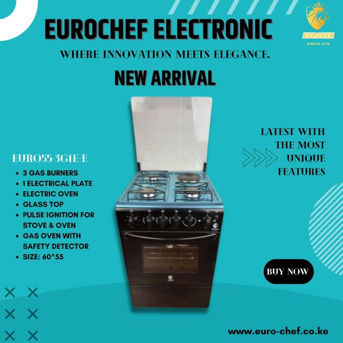 EG55T-3G1E-E Euroken 3 Gas 1 Electric Standing Cooker + Electric Oven- 3+1 black WITH TIMER