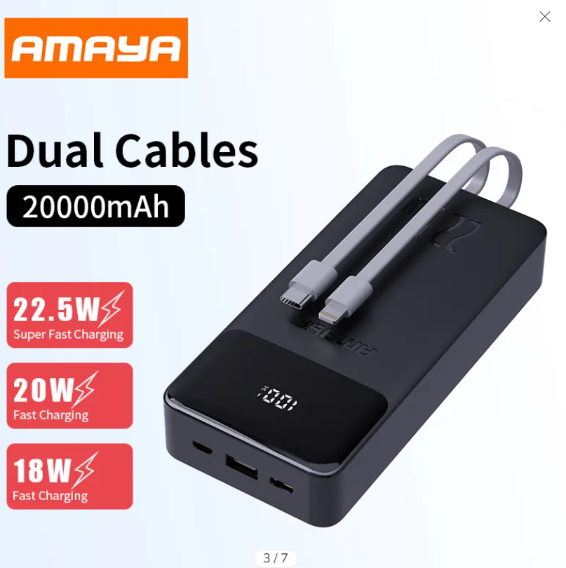 Amaya APW-13 power bank 20000mAh 22.5W super fast charging with 2 lines Potable Powerbank