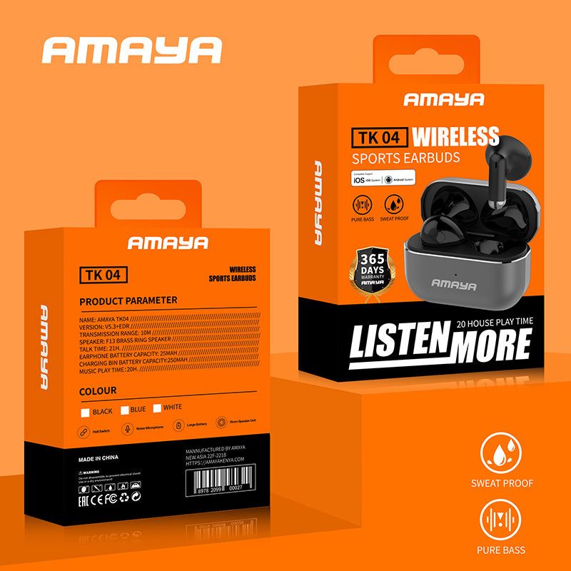 Amaya TK 04 Wireless Sports Earbuds 5.3 Bluetooth – 20 Hours Play Time 1 Year Warranty Bluetooth Earphones