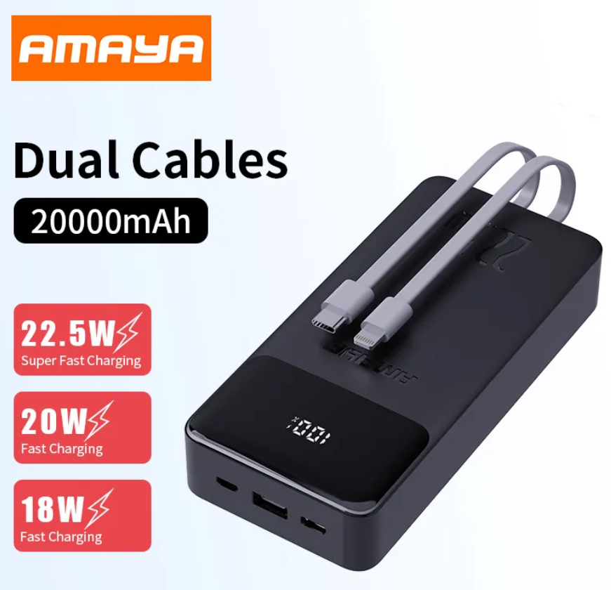 Amaya APW-13 power bank 20000mAh 22.5W super fast charging with 2 lines Black in colour.