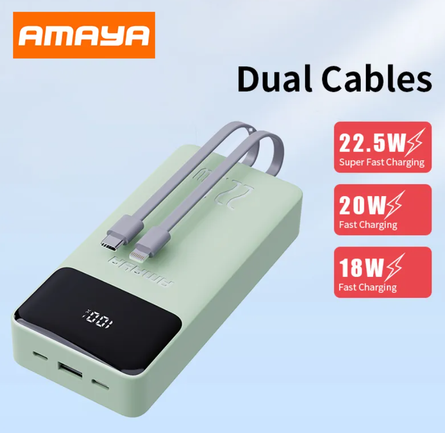 Amaya APW-13 power bank 20000mAh 22.5W super fast charging with 2 lines Black in colour.