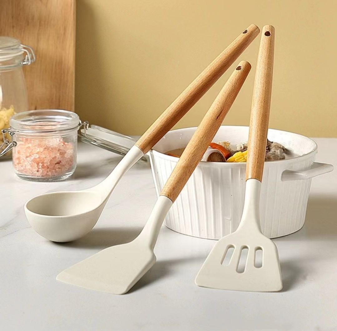 Wooden handle silicone spatula 3-piece set Non-stick pan special food grade kitchenware set spatula spoon cooking spoon household spoon