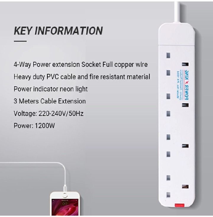 Sundabests Power King Heavy Duty 4-way Power/Socket Extension Cable Charging Outlet extension cable