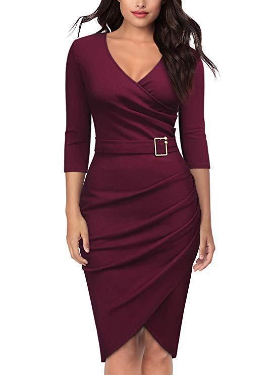 Spring and summer new three-quarter sleeve V-neck office dinner party dress