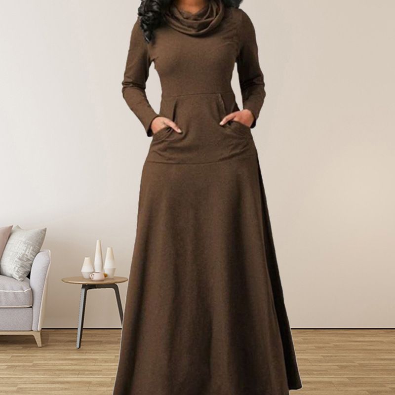 Long Sleeve Maxi Dress Women Spring Autumn Heap Collar Casual Dress Solid Color Swing A-Line Dresses Plus Size