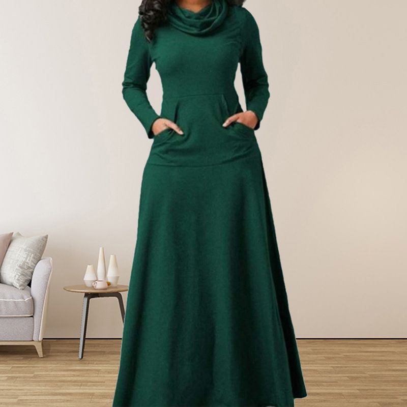 Long Sleeve Maxi Dress Women Spring Autumn Heap Collar Casual Dress Solid Color Swing A-Line Dresses Plus Size