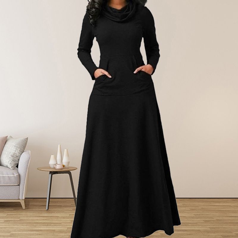 Long Sleeve Maxi Dress Women Spring Autumn Heap Collar Casual Dress Solid Color Swing A-Line Dresses Plus Size