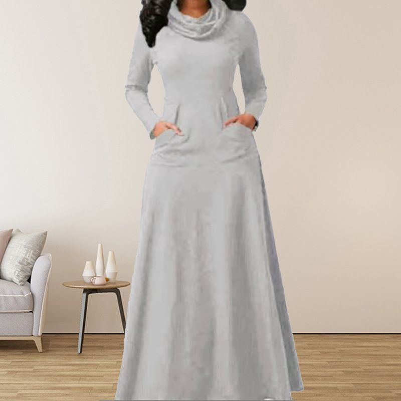 Long Sleeve Maxi Dress Women Spring Autumn Heap Collar Casual Dress Solid Color Swing A-Line Dresses Plus Size