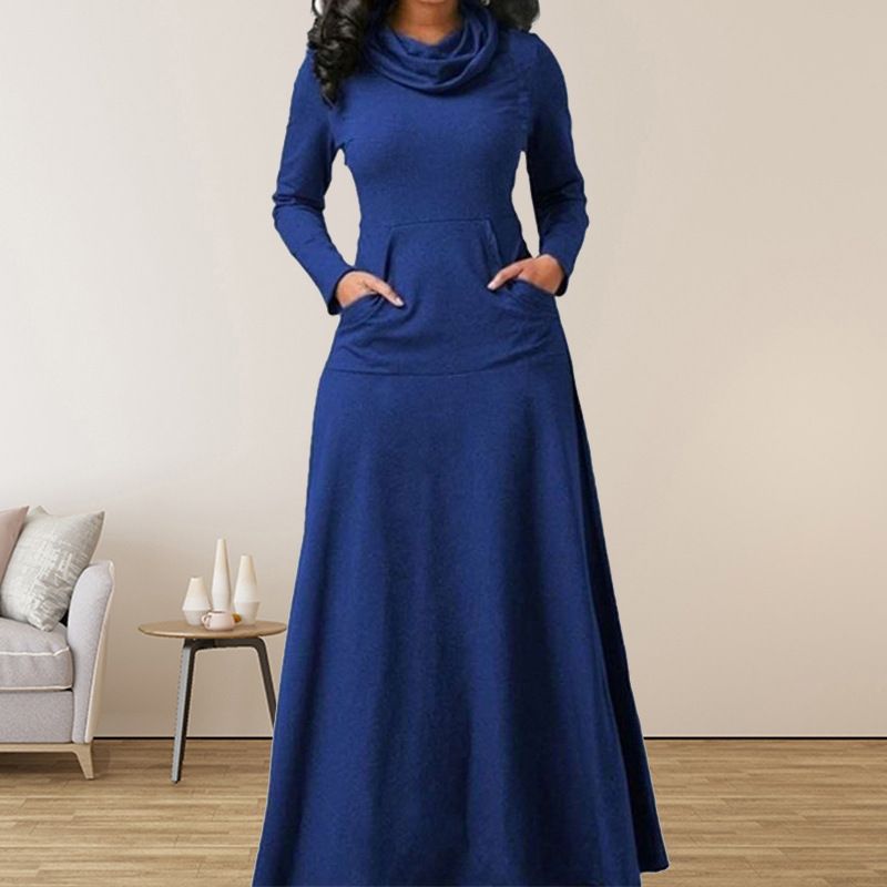 Long Sleeve Maxi Dress Women Spring Autumn Heap Collar Casual Dress Solid Color Swing A-Line Dresses Plus Size