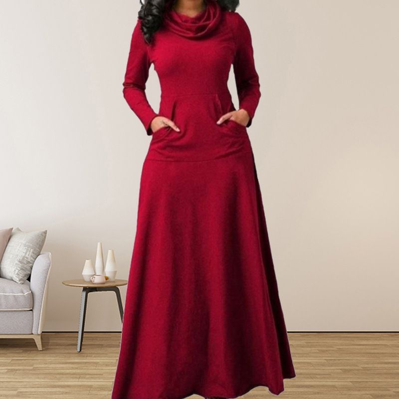 Long Sleeve Maxi Dress Women Spring Autumn Heap Collar Casual Dress Solid Color Swing A-Line Dresses Plus Size