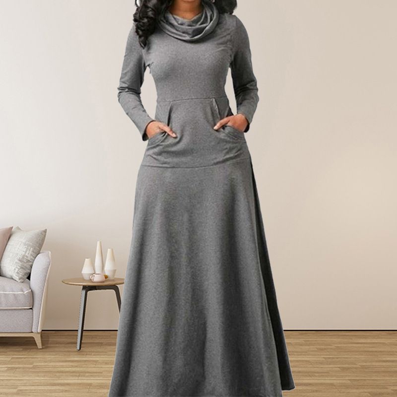 Long Sleeve Maxi Dress Women Spring Autumn Heap Collar Casual Dress Solid Color Swing A-Line Dresses Plus Size