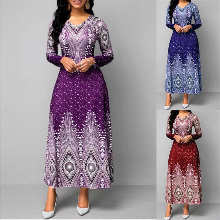 New Plus Size Long Maxi Dresses Women Long Sleeve African Dresses Print Office Ladies Dress