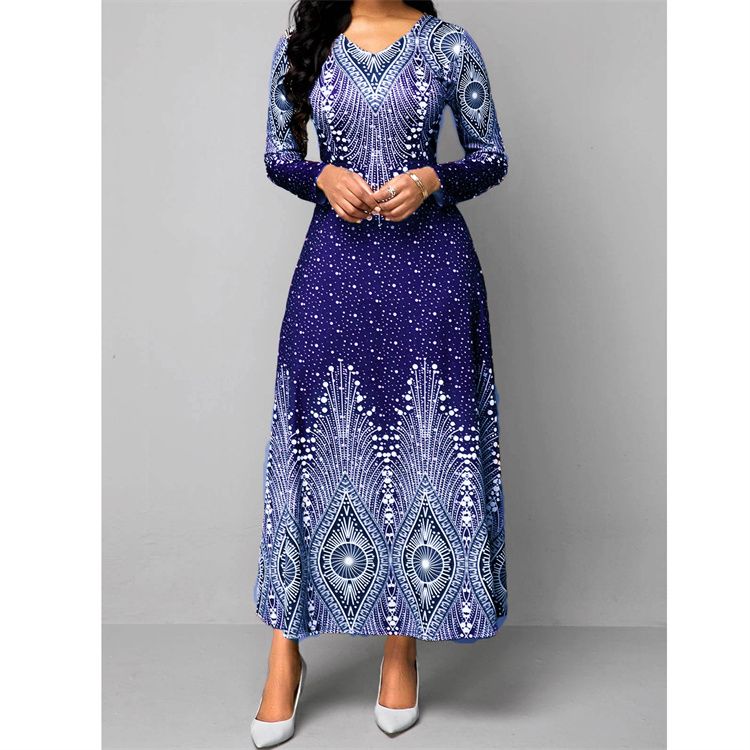 New Plus Size Long Maxi Dresses Women Long Sleeve African Dresses Print Office Ladies Dress