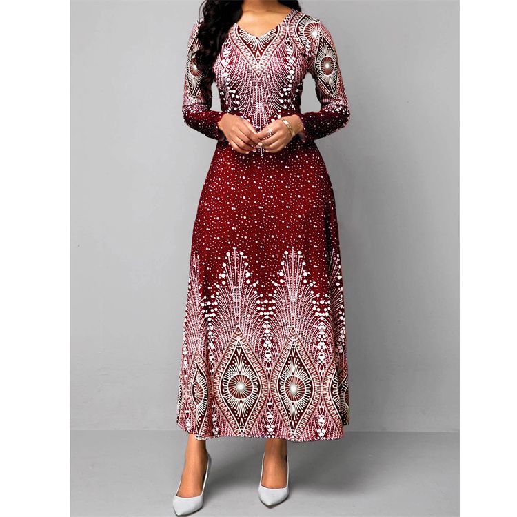 New Plus Size Long Maxi Dresses Women Long Sleeve African Dresses Print Office Ladies Dress