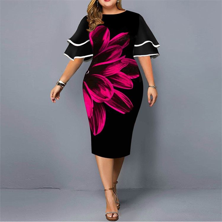 New digital printing gauze stitching plus-size women's dress ladies elegant dress