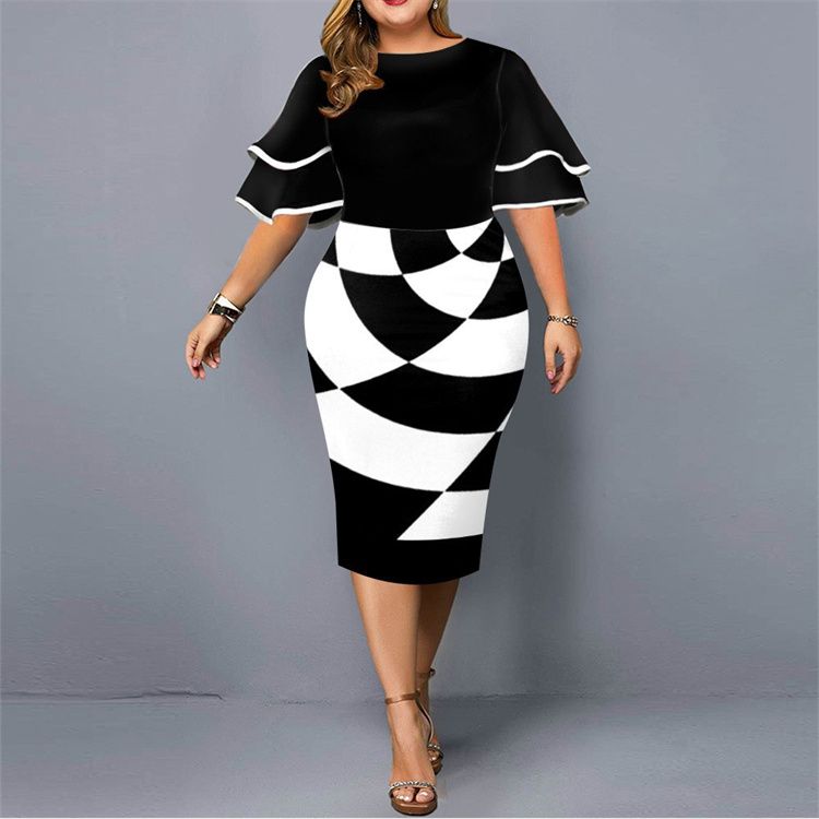 New digital printing gauze stitching plus-size women's dress ladies elegant dress