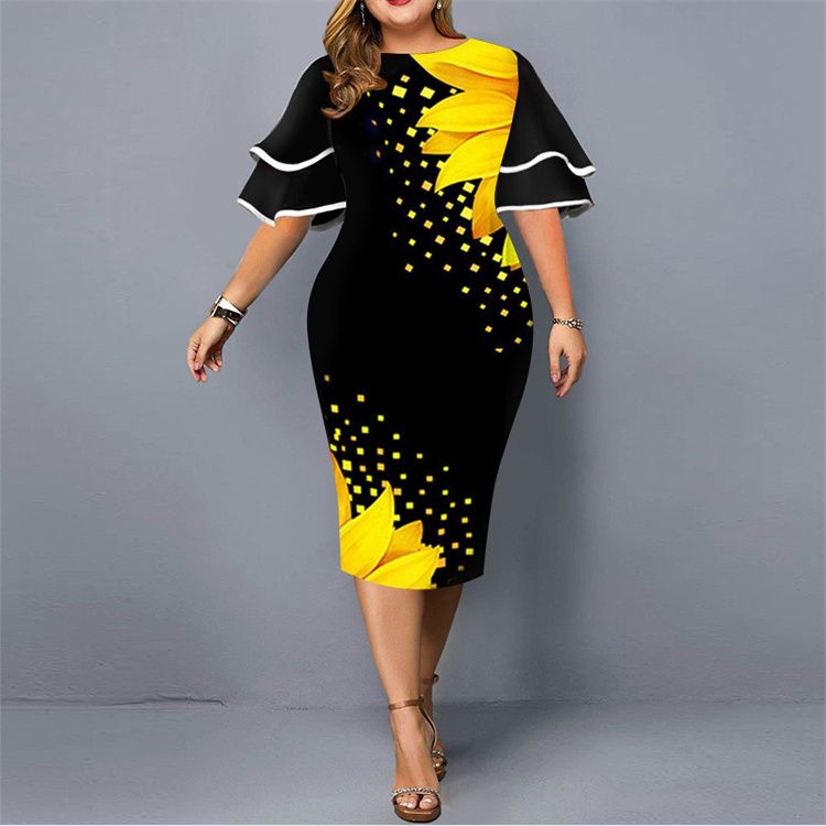 New digital printing gauze stitching plus-size women's dress ladies elegant dress
