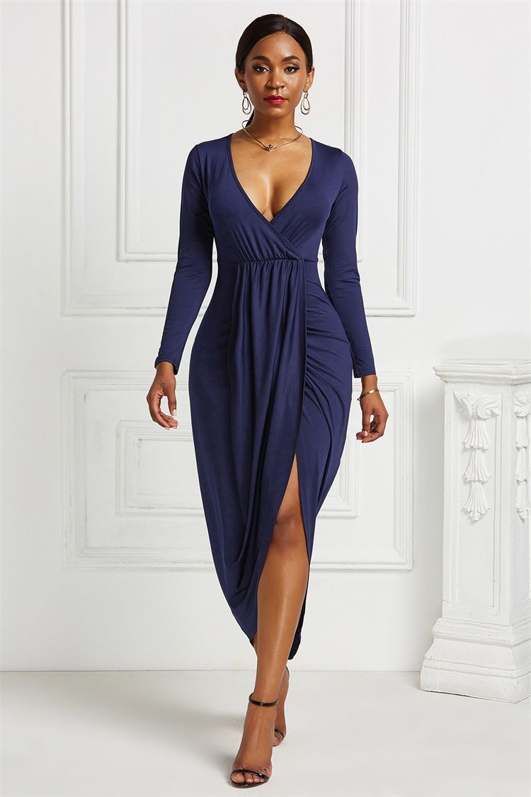 Fashion Women Sexy V Neck Long Sleeve Bodycon Dresses Elastic Slim Party Dress