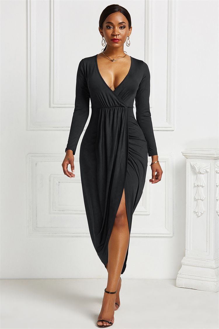 Fashion Women Sexy V Neck Long Sleeve Bodycon Dresses Elastic Slim Party Dress