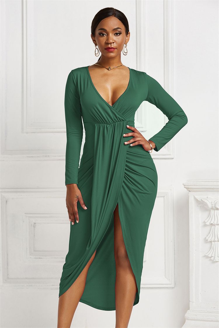 Fashion Women Sexy V Neck Long Sleeve Bodycon Dresses Elastic Slim Party Dress