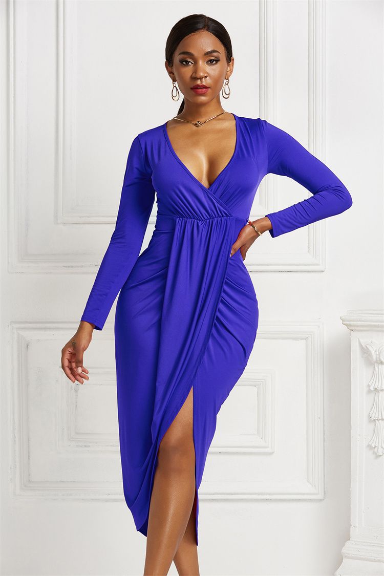 Fashion Women Sexy V Neck Long Sleeve Bodycon Dresses Elastic Slim Party Dress