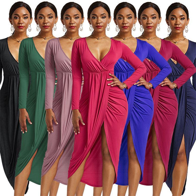 Fashion Women Sexy V Neck Long Sleeve Bodycon Dresses Elastic Slim Party Dress