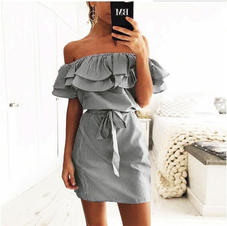 Strapless Striped Ruffles Dress Women Summer Sundresses Beach Casual Shirt Short Mini Party Dresses