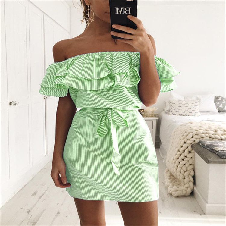 Strapless Striped Ruffles Dress Women Summer Sundresses Beach Casual Shirt Short Mini Party Dresses