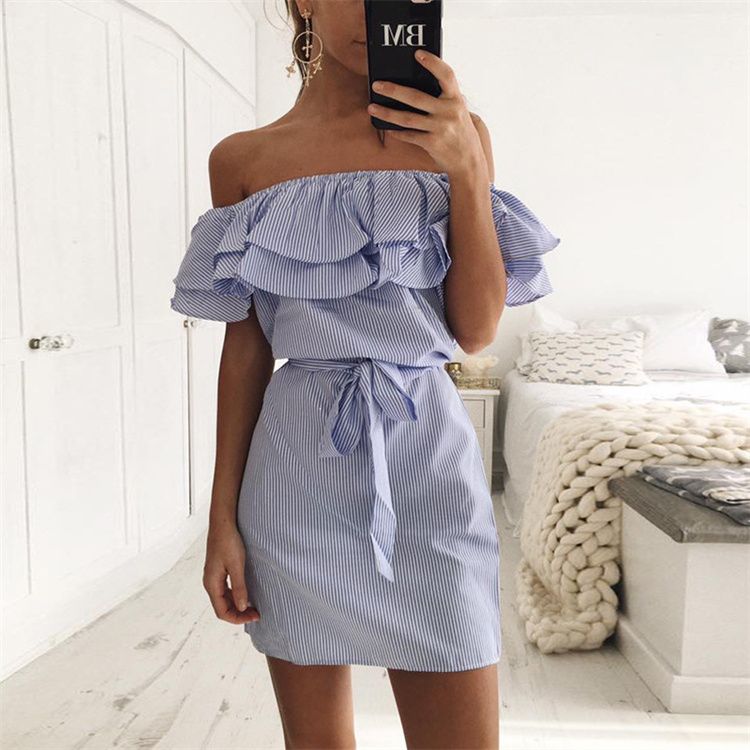 Strapless Striped Ruffles Dress Women Summer Sundresses Beach Casual Shirt Short Mini Party Dresses