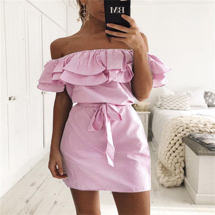 Strapless Striped Ruffles Dress Women Summer Sundresses Beach Casual Shirt Short Mini Party Dresses
