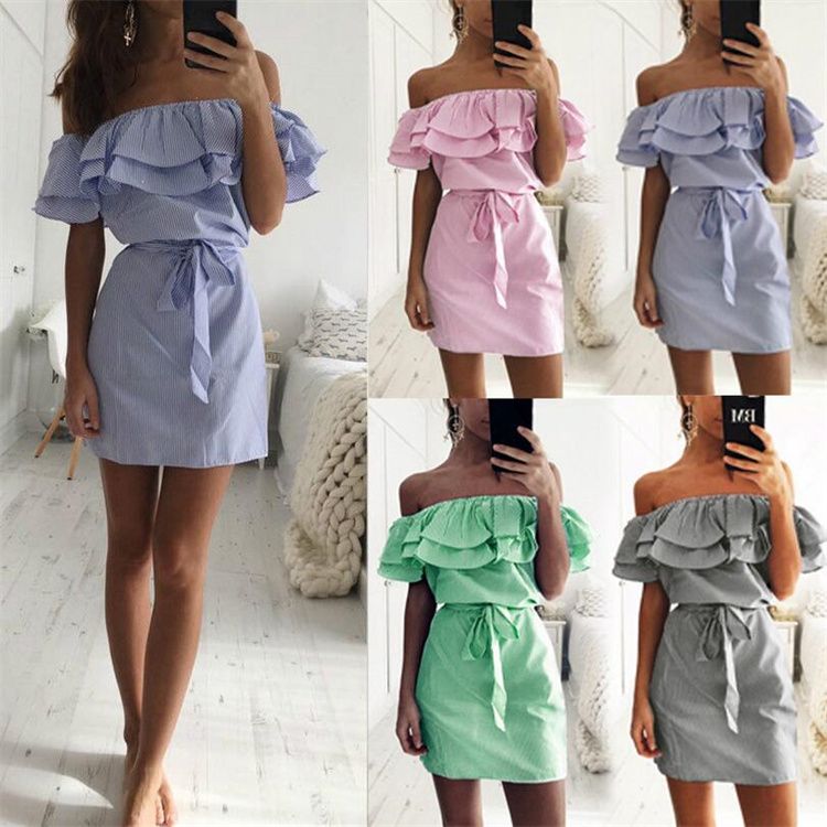 Strapless Striped Ruffles Dress Women Summer Sundresses Beach Casual Shirt Short Mini Party Dresses